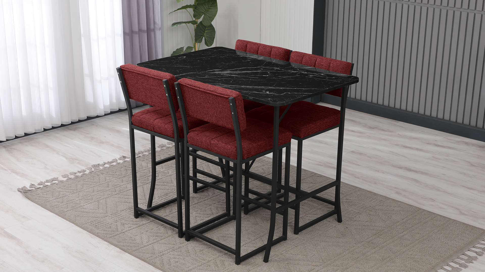 Retro Ada Bar Mutfak Masa Takımı 4 Sandalye Keten Kumaş Bordo 1 Masa Siyah Mermer Desenli