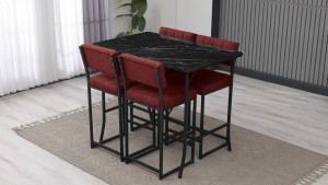 Retro Ada Bar Mutfak Masa Takımı 4 Sandalye Keten Kumaş Bordo 1 Masa Siyah Mermer Desenli