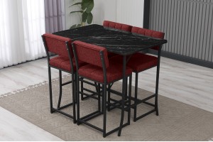 Retro Bar 4 sandalyeli 110x70 cm Siyah mermer desenli Bordo mutfak masa takımı