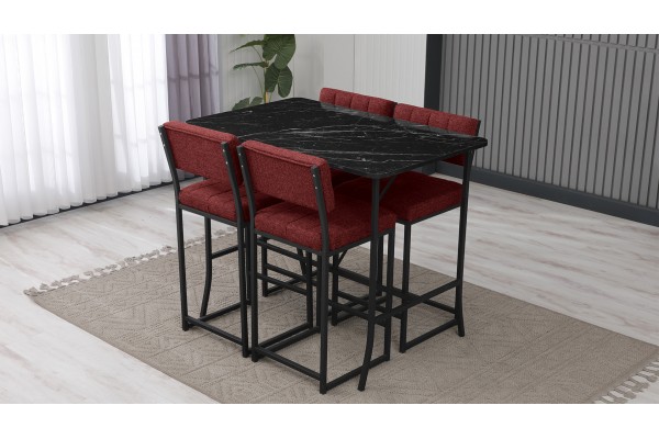Retro Bar Masa Sandalye Takımı, 4 Sandalye 1  Sabit Masa  110x70 Cm, Siyah Mermer Desenli Keten Kumaş Bordo