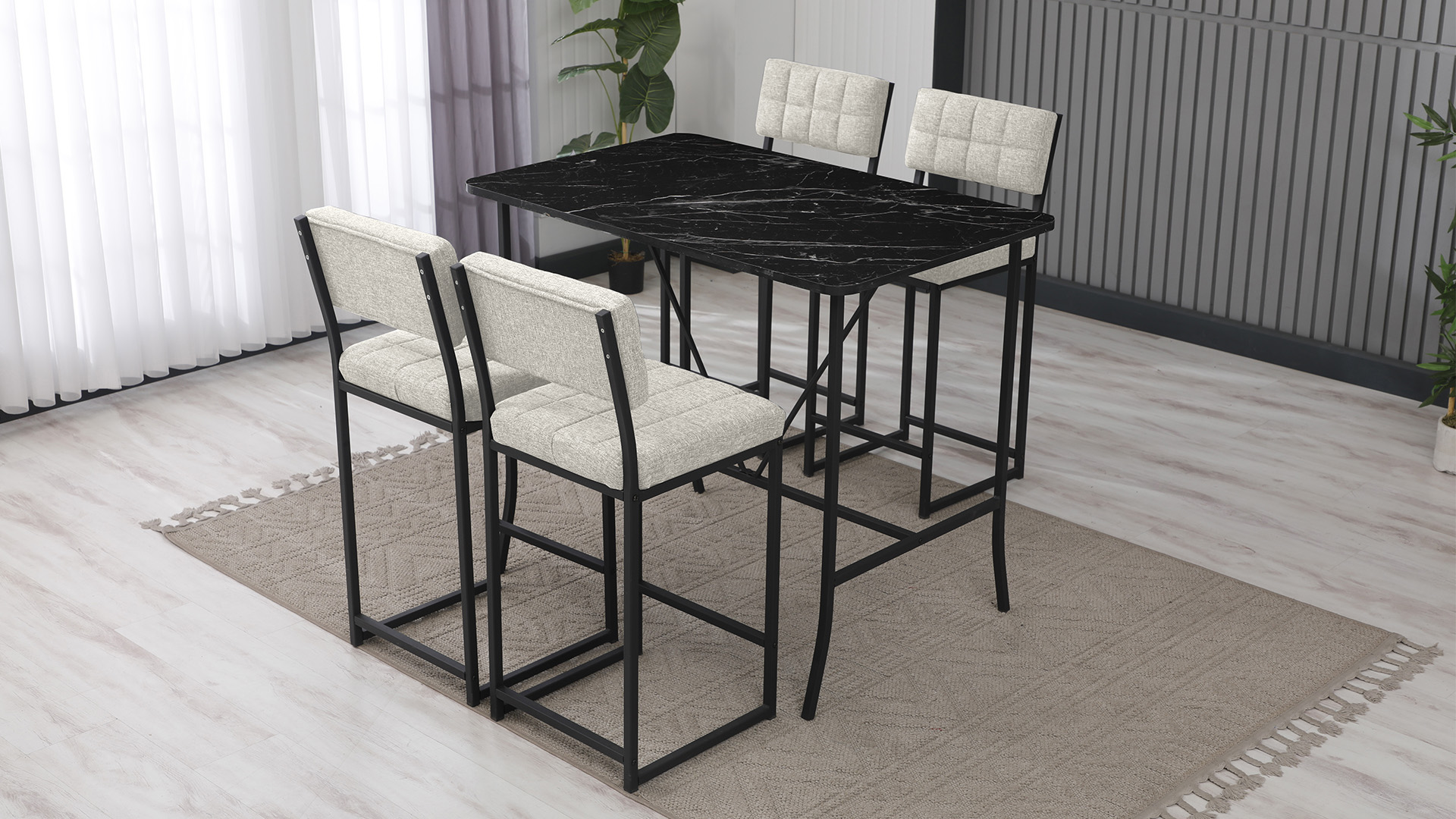Retro Ada Bar Mutfak Masa Takımı 4 Sandalye Keten Kumaş Krem 1 Masa Siyah Mermer Desenli
