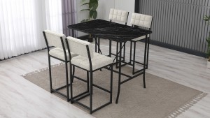 Retro Ada Bar Mutfak Masa Takımı 4 Sandalye Keten Kumaş Krem 1 Masa Siyah Mermer Desenli