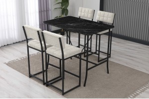 Retro Bar 4 sandalyeli 110x70 cm Siyah mermer desenli Krem mutfak masa takımı