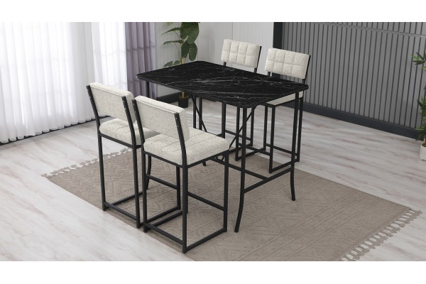 Retro Bar Masa Sandalye Takımı, 4 Sandalye 1  Sabit Masa  110x70 Cm, Siyah Mermer Desenli Keten Kumaş Krem