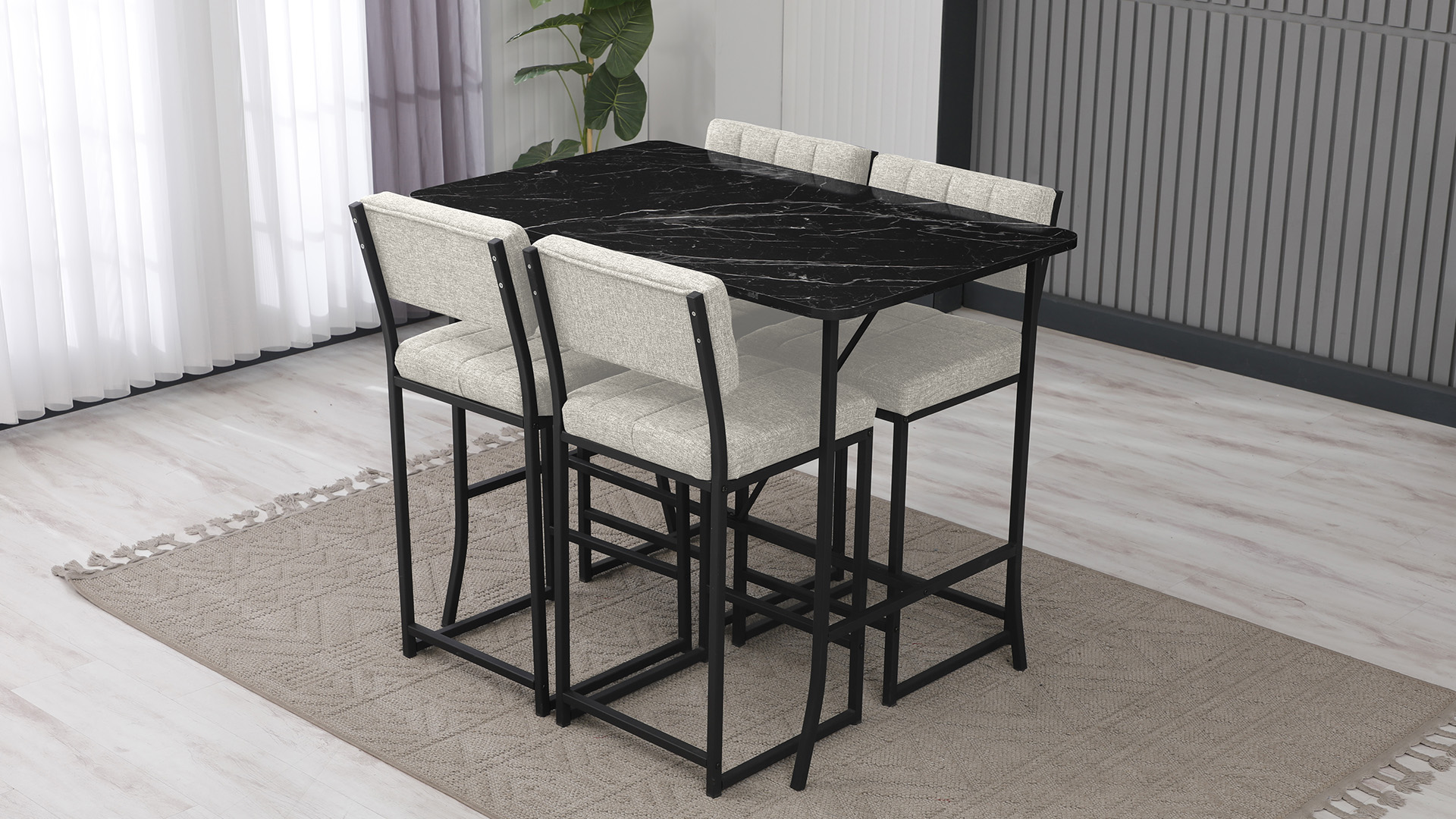 Retro Ada Bar Mutfak Masa Takımı 4 Sandalye Keten Kumaş Krem 1 Masa Siyah Mermer Desenli