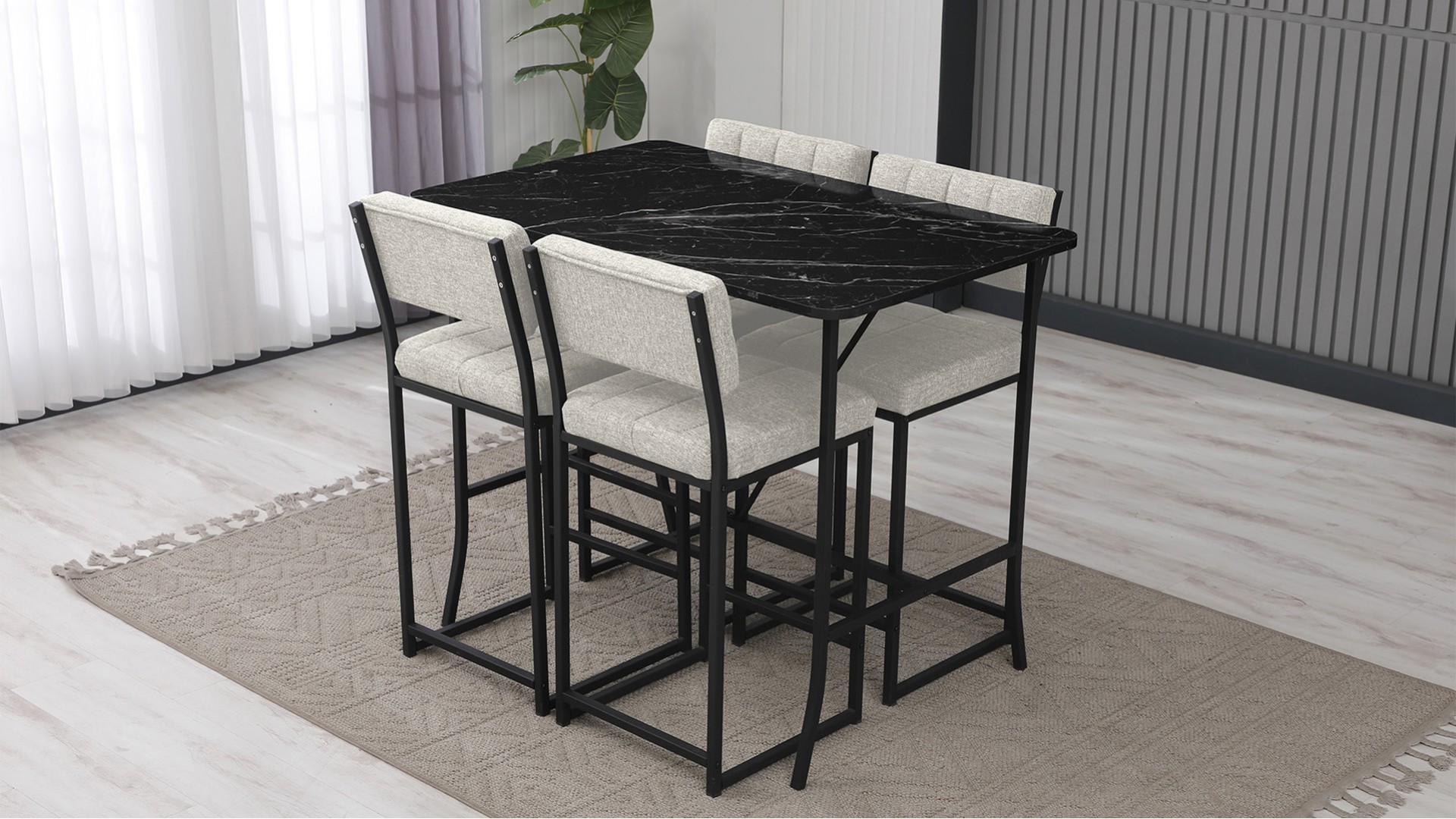 Retro Bar 4 sandalyeli 110x70 cm Siyah mermer desenli Krem mutfak masa takımı