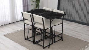 Retro Ada Bar Mutfak Masa Takımı 4 Sandalye Keten Kumaş Krem 1 Masa Siyah Mermer Desenli