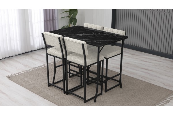 Retro Bar Masa Sandalye Takımı, 4 Sandalye 1  Sabit Masa  110x70 Cm, Siyah Mermer Desenli Keten Kumaş Krem