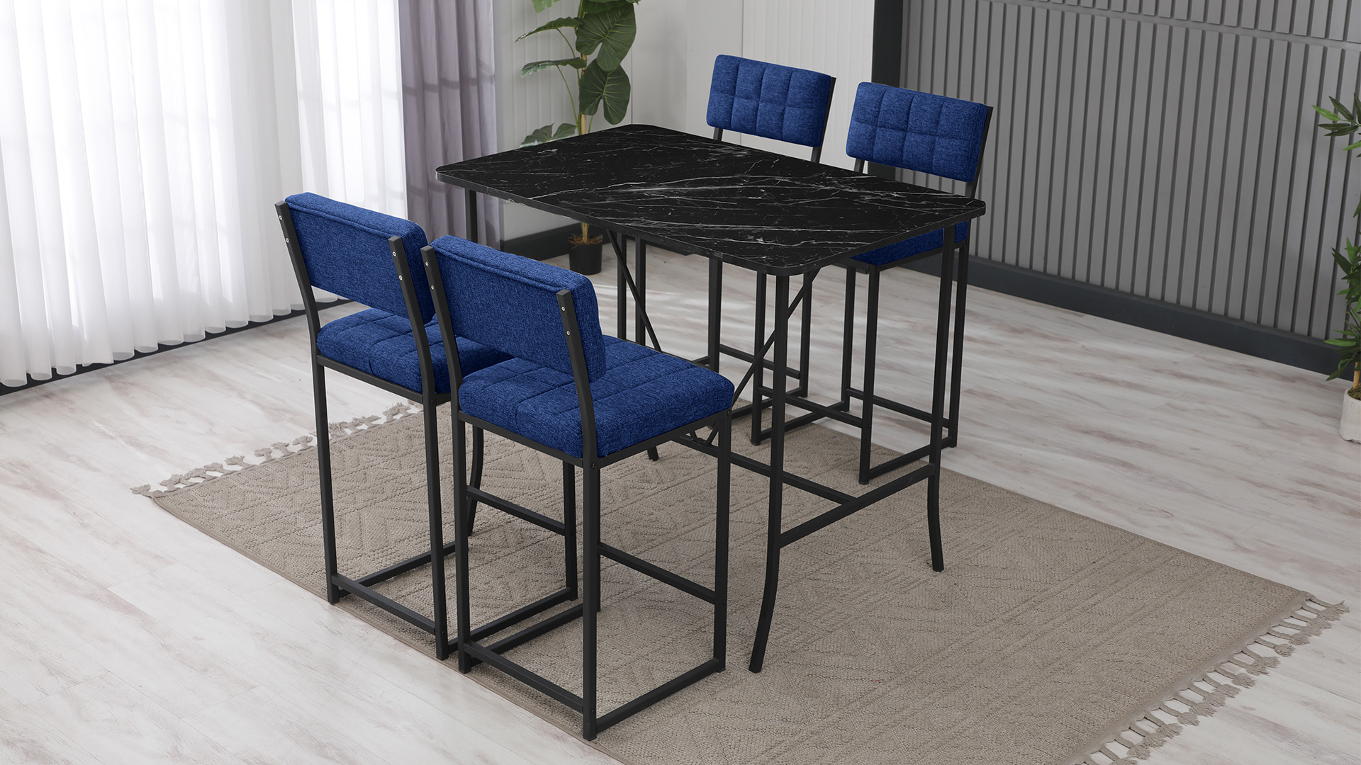 Retro Ada Bar Mutfak Masa Takımı 4 Sandalye Keten Kumaş Lacivert 1 Masa Siyah Mermer Desenli