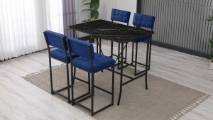 Retro Ada Bar Mutfak Masa Takımı 4 Sandalye Keten Kumaş Lacivert 1 Masa Siyah Mermer Desenli