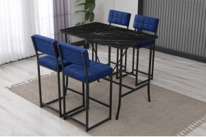 Retro Bar 4 sandalyeli 110x70 cm Siyah mermer desenli Lacivert mutfak masa takımı