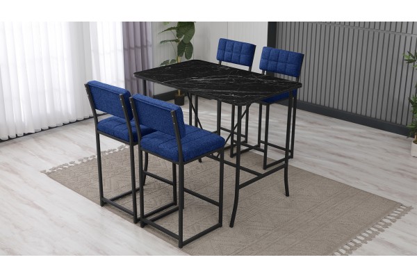 Retro Bar Masa Sandalye Takımı, 4 Sandalye 1  Sabit Masa  110x70 Cm, Siyah Mermer Desenli Keten Kumaş Lacivert