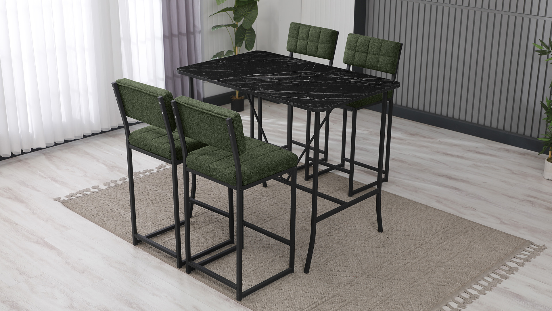 Retro Ada Bar Mutfak Masa Takımı 4 Sandalye Keten Kumaş Yeşil 1 Masa Siyah Mermer Desenli