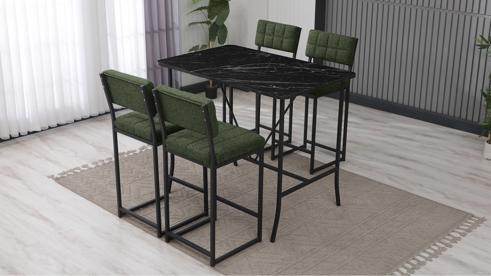 Retro Bar 4 sandalyeli 110x70 cm Siyah mermer desenli Yeşil mutfak masa takımı