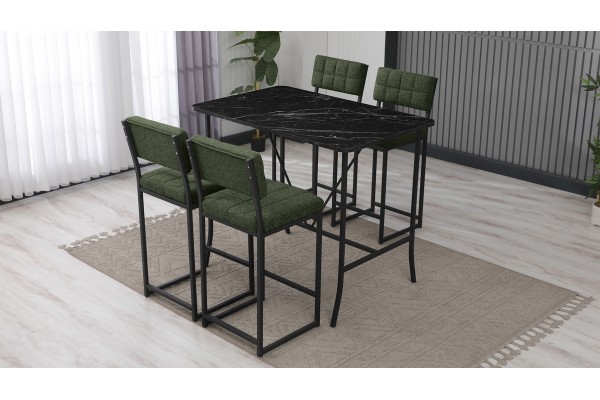 Retro Bar Masa Sandalye Takımı, 4 Sandalye 1  Sabit Masa  110x70 Cm, Siyah Mermer Desenli Keten Kumaş Yeşil