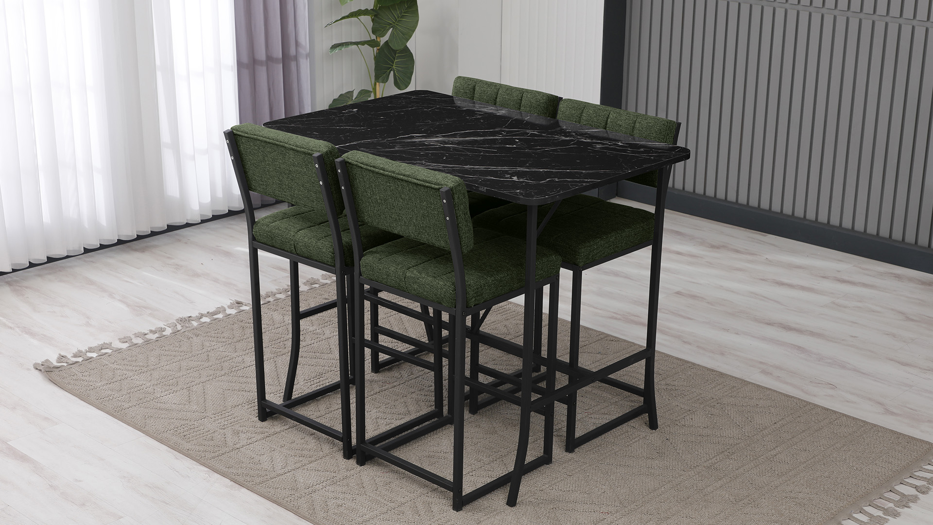 Retro Ada Bar Mutfak Masa Takımı 4 Sandalye Keten Kumaş Yeşil 1 Masa Siyah Mermer Desenli