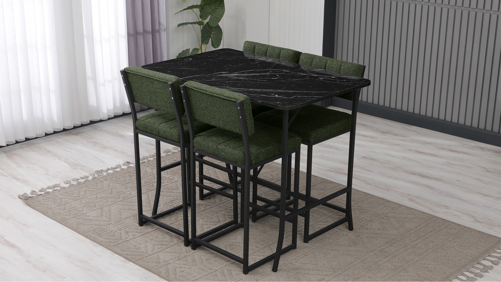 Retro Bar 4 sandalyeli 110x70 cm Siyah mermer desenli Yeşil mutfak masa takımı