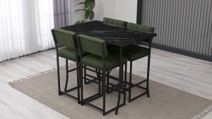 Retro Ada Bar Mutfak Masa Takımı 4 Sandalye Keten Kumaş Yeşil 1 Masa Siyah Mermer Desenli