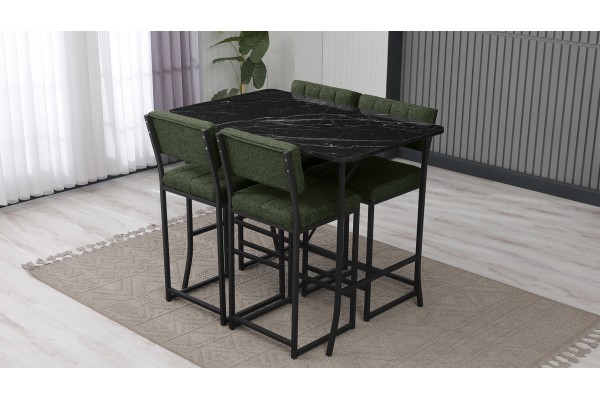 Retro Bar Masa Sandalye Takımı, 4 Sandalye 1 Sabit Masa 110x70 Cm, Siyah Mermer Desenli Keten Kumaş Yeşil Retro Bar Masa Sandalye Takımı, 4 Sandalye 1 Sabit Masa 110x70 Cm, Siyah Mermer Desenli Keten Kumaş Yeşil