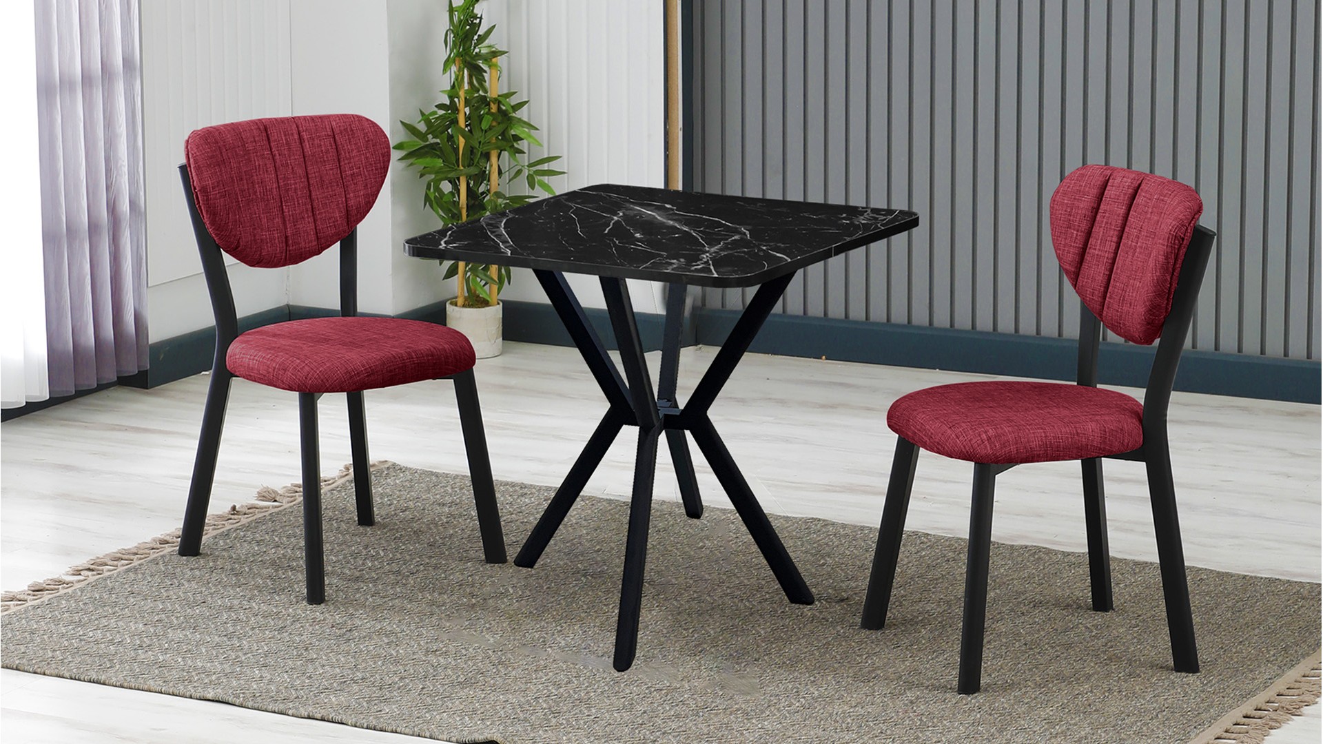 Elma 2 sandalyeli 70x70 cm Siyah mermer desenli Bordo mutfak masa takımı