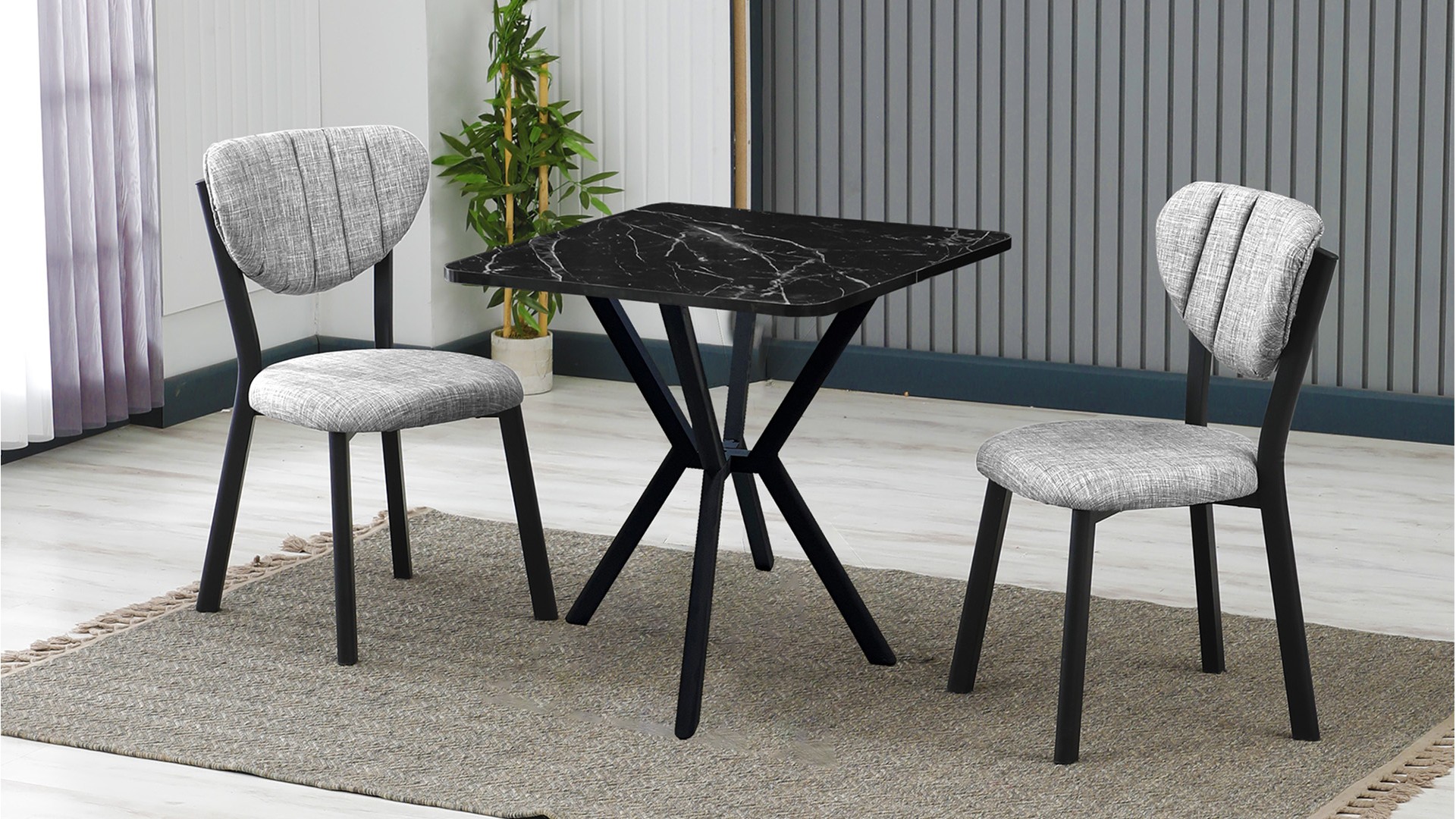 Elma 2 sandalyeli 70x70 cm Siyah mermer desenli Gri mutfak masa takımı