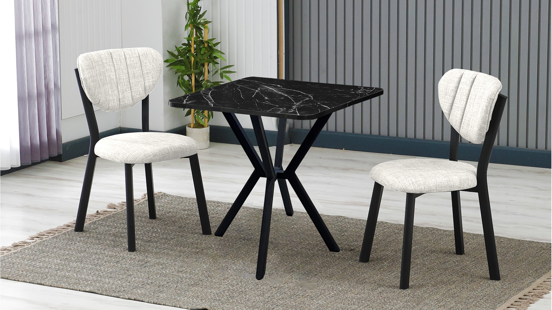 Elma 2 sandalyeli 70x70 cm Siyah mermer desenli Krem mutfak masa takımı