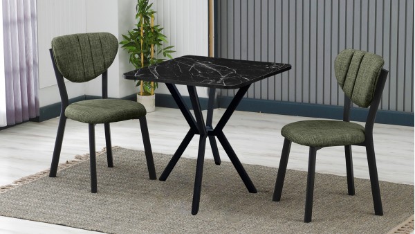 Elma 2 Sandalyeli Mutfak Masa Takımı – Kompakt Modern Tasarım-70x70 Siyah Mermer - Yeşil