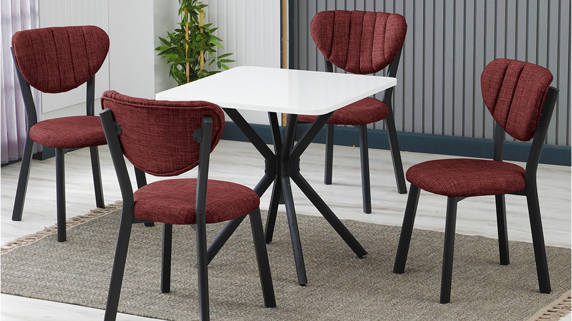 Elma 4 sandalyeli 70x70 cm Beyaz Bordo mutfak masa takımı