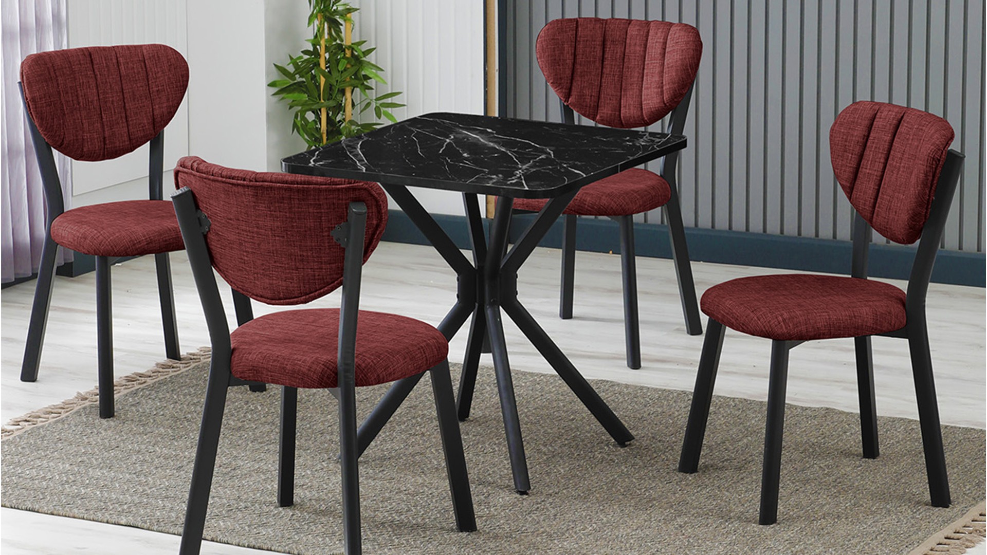 Elma 4 sandalyeli 70x70 cm Siyah mermer desenli Bordo mutfak masa takımı