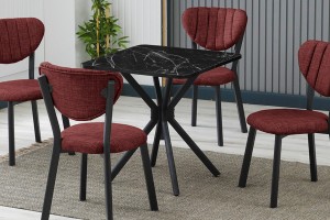 Elma 4 sandalyeli 70x70 cm Siyah mermer desenli Bordo mutfak masa takımı