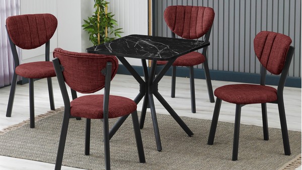 Elma 4 Sandalyeli Mutfak Masa Takımı – Kompakt Modern Tasarım-70x70 Siyah Mermer - Bordo