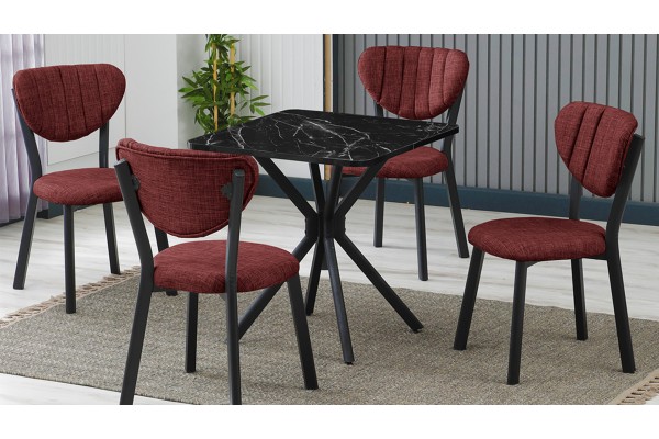 Elma 4 Sandalyeli Mutfak Masa Takımı – Kompakt Modern Tasarım-70x70 Siyah Mermer - Bordo