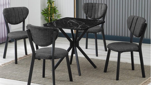 Elma 4 Sandalyeli Mutfak Masa Takımı – Kompakt Modern Tasarım-70x70 Siyah Mermer - Füme
