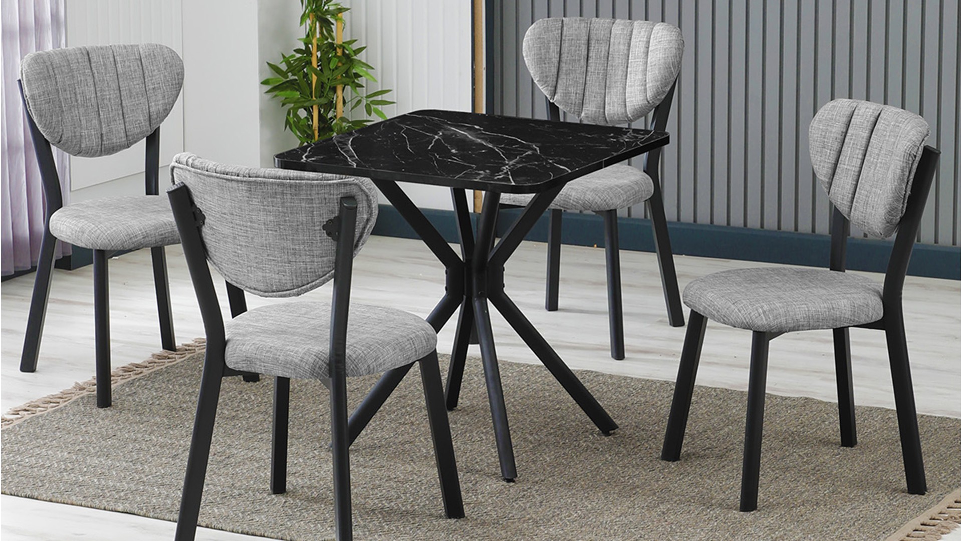 Elma 4 sandalyeli 70x70 cm Siyah mermer desenli Gri mutfak masa takımı