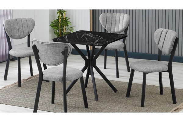 Elma 4 Sandalyeli Mutfak Masa Takımı – Kompakt Modern Tasarım-70x70 Siyah Mermer - Gri