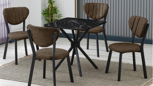 Elma 4 Sandalyeli Mutfak Masa Takımı – Kompakt Modern Tasarım-70x70 Siyah Mermer - Kahve