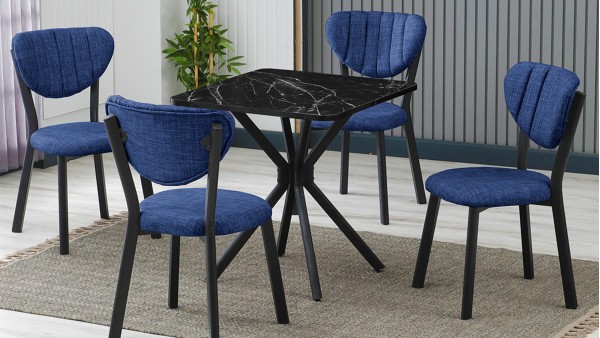Elma 4Sandalyeli Mutfak Masa Takımı – Kompakt Modern Tasarım-70x70 Siyah Mermer - Lacivert