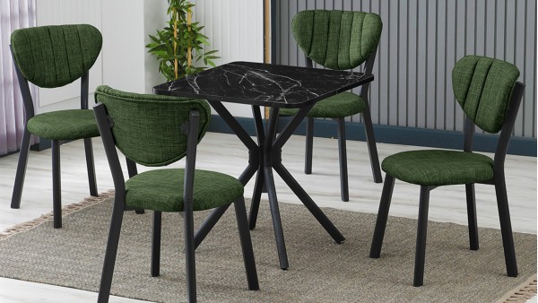 Elma 4 Sandalyeli Mutfak Masa Takımı – Kompakt Modern Tasarım-70x70 Siyah Mermer - Yeşil