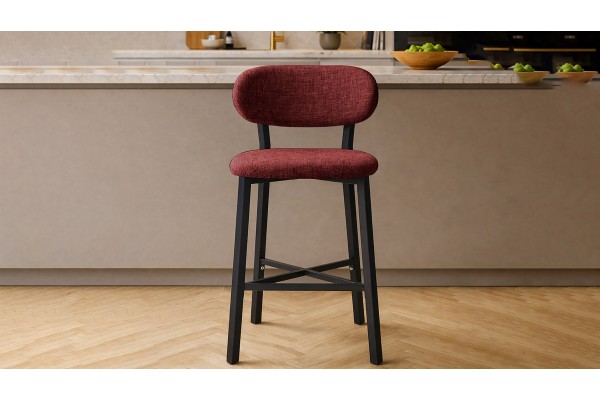 Luna Prime Bar Sandalyesi 65 cm – Keten Kumaş, 30x30 Metal Profil, Sırt Destekli Mutfak Ada Sandalyesi - Bordo