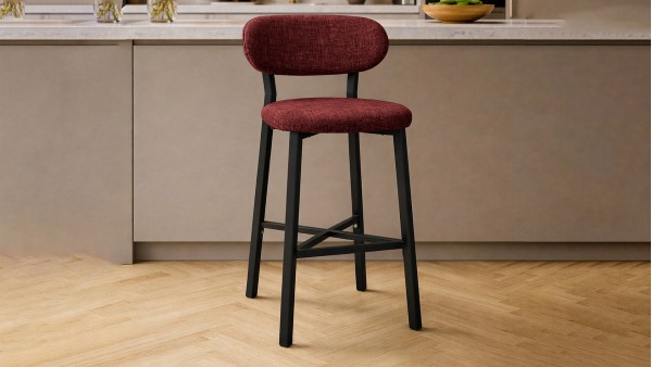 Luna Prime Bar Sandalyesi 65 cm – Keten Kumaş, 30x30 Metal Profil, Sırt Destekli Mutfak Ada Sandalyesi - Bordo