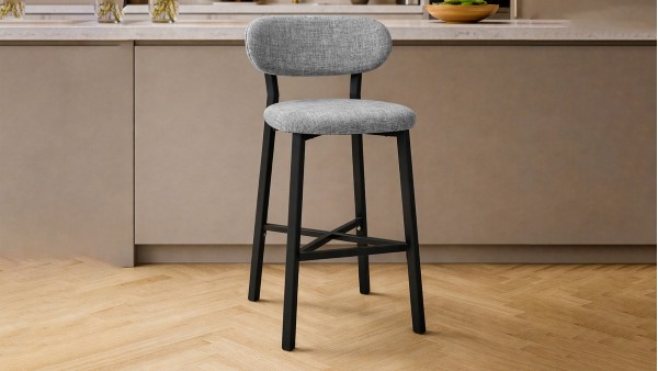 Luna Prime Bar Sandalyesi 65 cm – Keten Kumaş, 30x30 Metal Profil, Sırt Destekli Mutfak Ada Sandalyesi - Gri