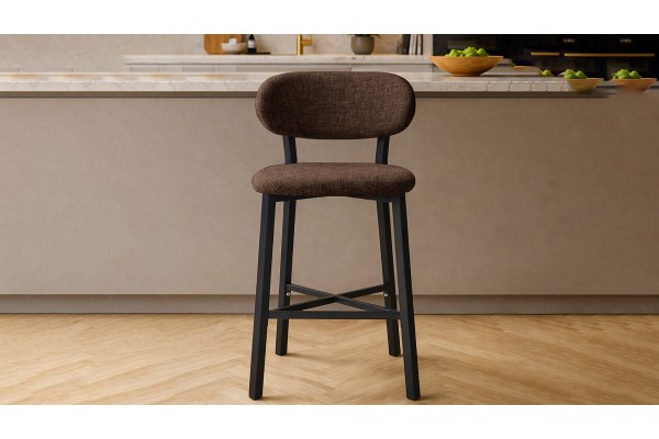 Luna Prime Bar Sandalyesi 65 cm – Keten Kumaş, 30x30 Metal Profil, Sırt Destekli Mutfak Ada Sandalyesi - Kahve