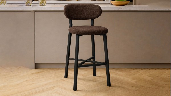 Luna Prime Bar Sandalyesi 65 cm – Keten Kumaş, 30x30 Metal Profil, Sırt Destekli Mutfak Ada Sandalyesi - Kahve