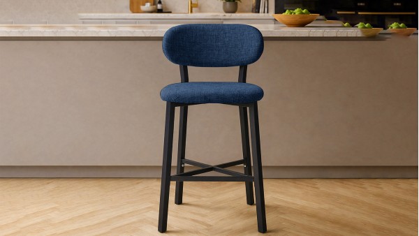 Luna Prime Bar Sandalyesi 65 cm – Keten Kumaş, 30x30 Metal Profil, Sırt Destekli Mutfak Ada Sandalyesi - Lacivert