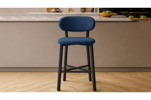 Luna Prime Bar Sandalyesi 65 cm – Keten Kumaş, 30x30 Metal Profil, Sırt Destekli Mutfak Ada Sandalyesi - Lacivert
