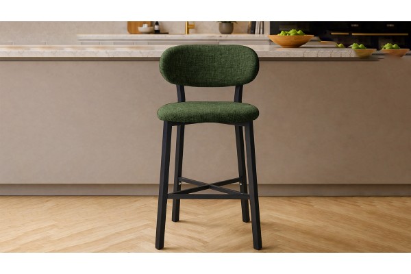 Luna Prime Bar Sandalyesi 65 cm – Keten Kumaş, 30x30 Metal Profil, Sırt Destekli Mutfak Ada Sandalyesi - Yeşil