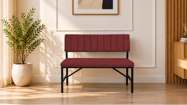 Melody Keten Kumaşlı Metal Mutfak Bankı – 90 cm Yemek Masası Bench Bordo
