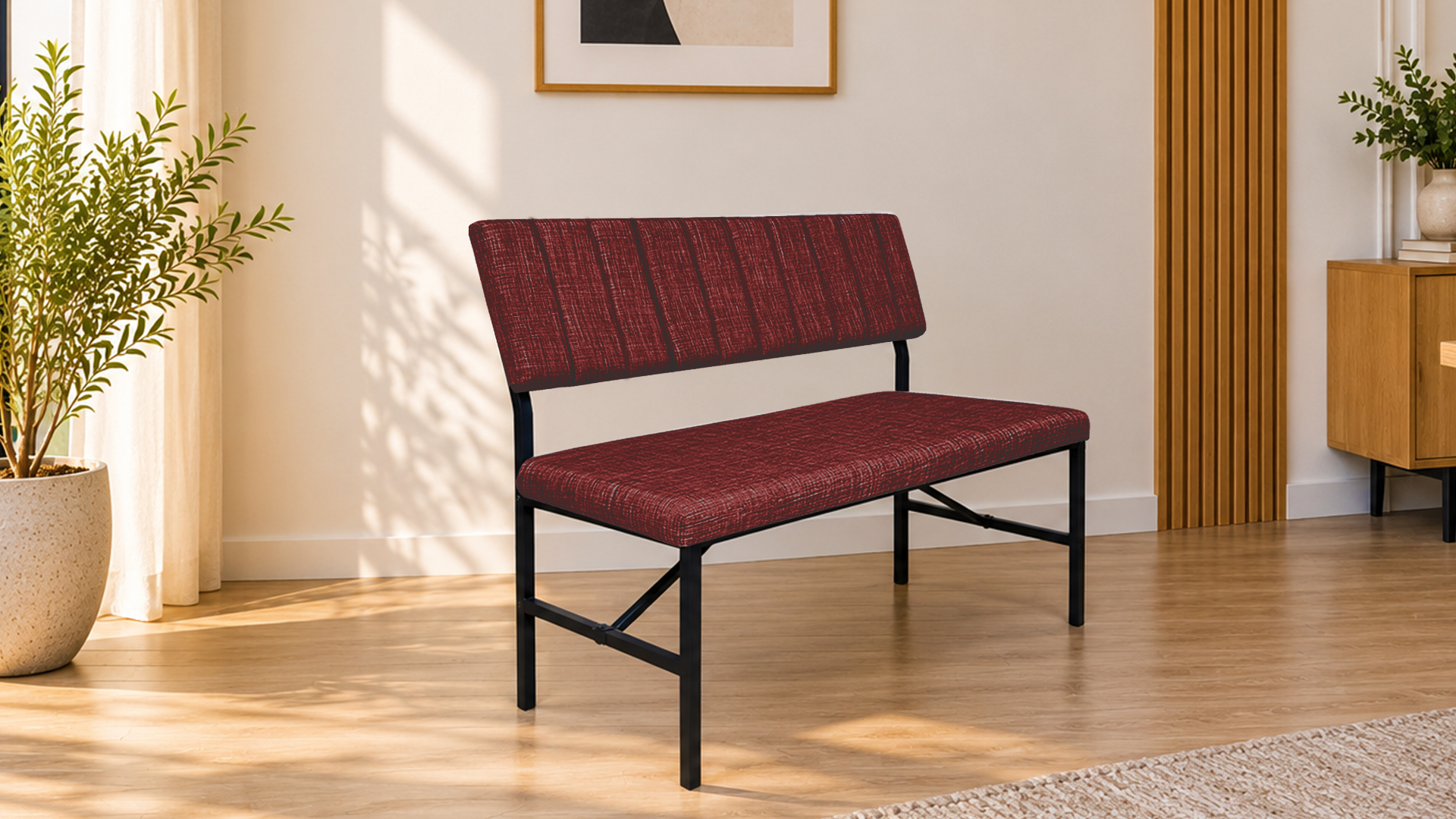Melody Bordo kumaşlı metal bench oturma bankı