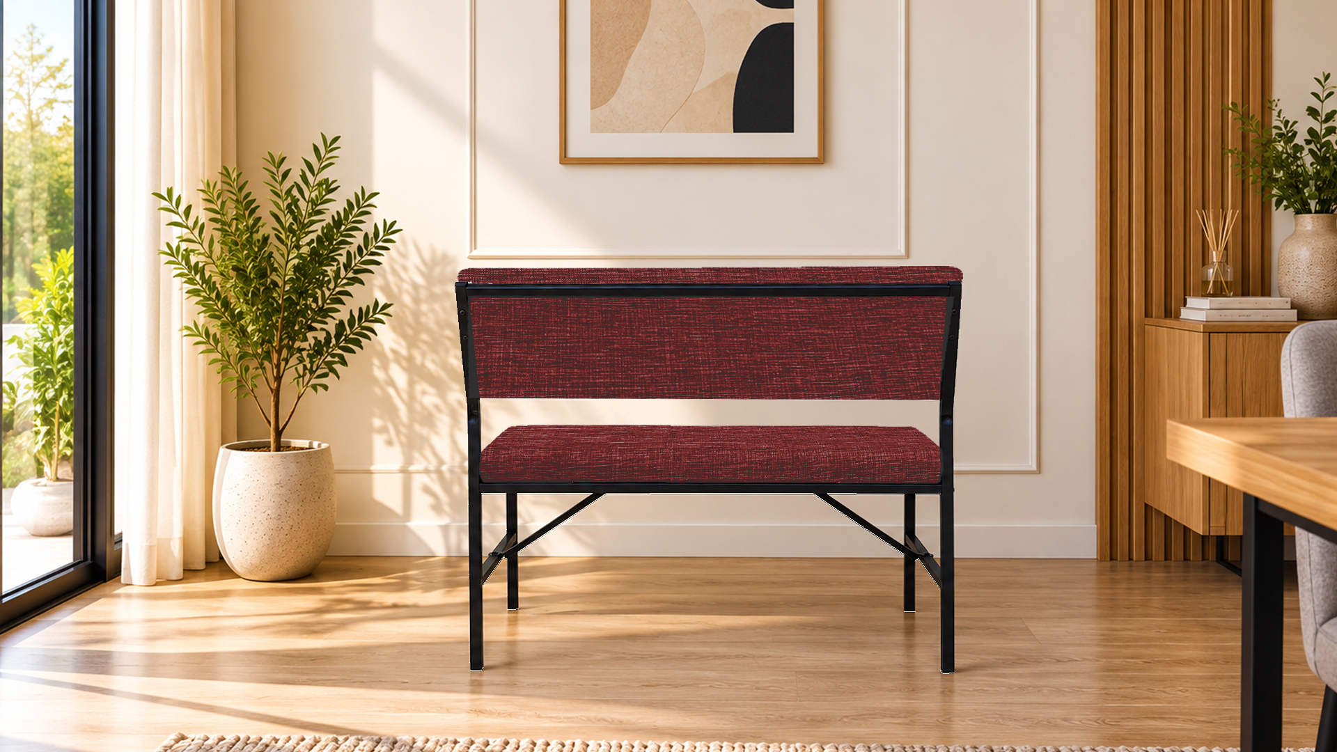 Melody Bordo kumaşlı metal bench oturma bankı