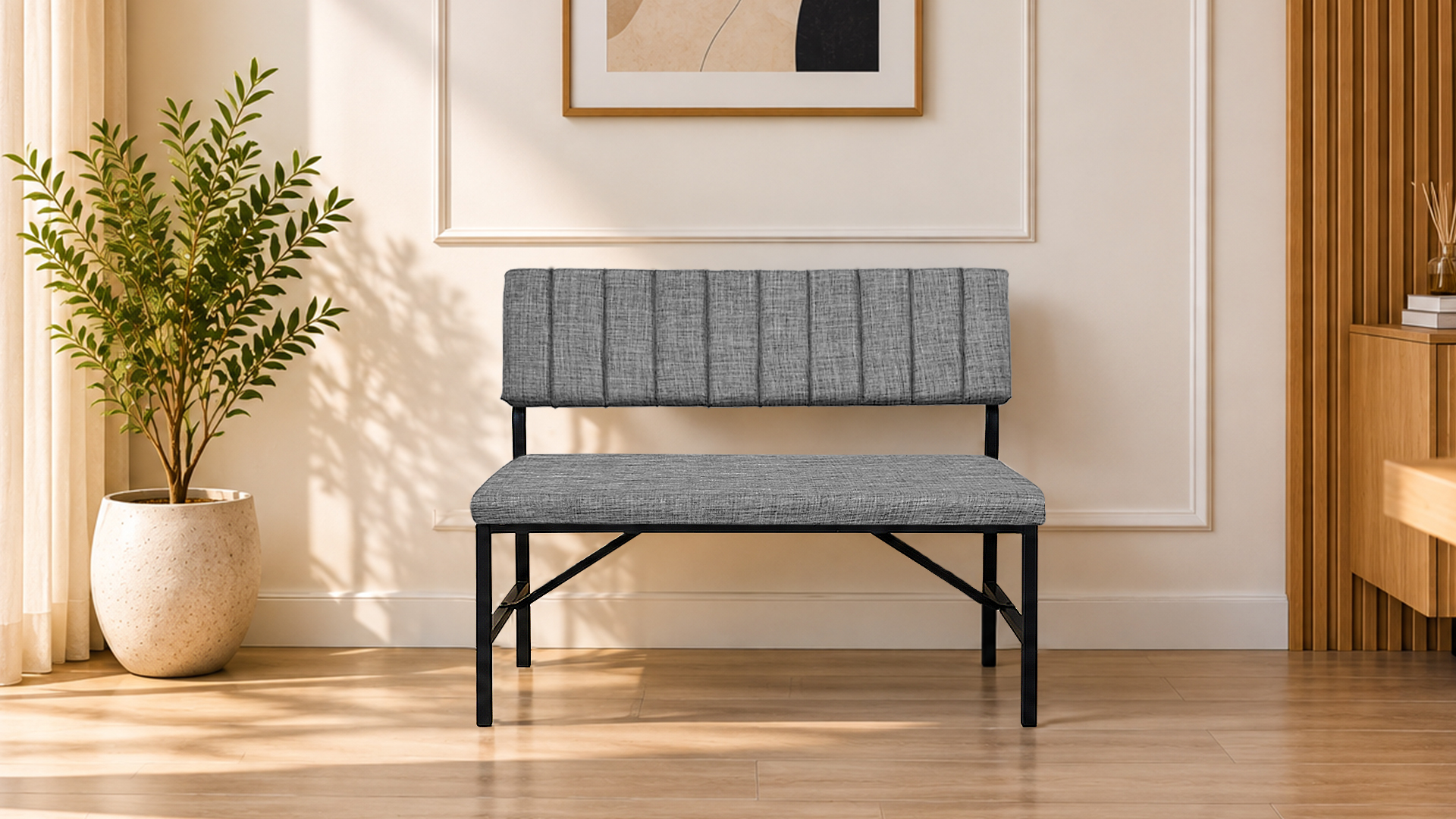 Melody Gri kumaşlı metal bench oturma bankı